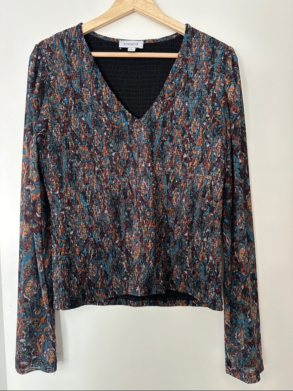 Evereve Long-Sleeve V-Neck Smocked Top in Teal, Gold and Maroon Paisley